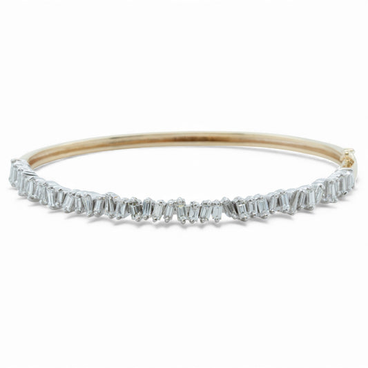 14k Yellow & White Gold Scattered Baguette Diamond Bangle Bracelet 1.25ctw 6.75"