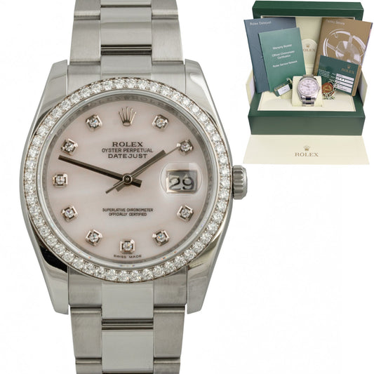 Rolex Datejust 36mm Pink MOP Diamond Dial & Bezel Steel 116244 BOX + PAPERS