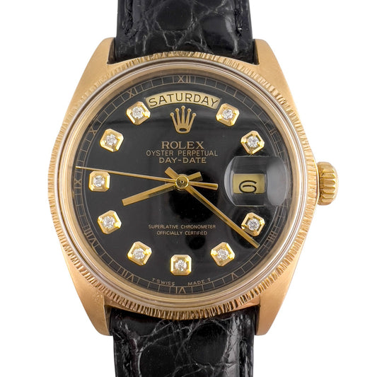 1971 Rolex Day-Date 1807 BARK Black Diamond Dial 36mm 18k Yellow Gold Watch