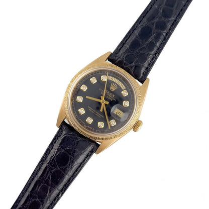 1971 Rolex Day-Date 1807 BARK Black Diamond Dial 36mm 18k Yellow Gold Watch