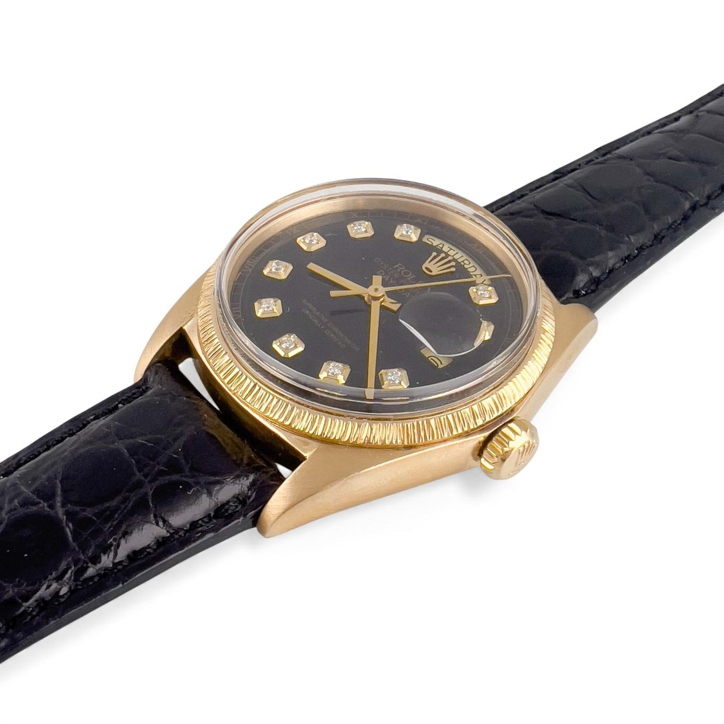 1971 Rolex Day-Date 1807 BARK Black Diamond Dial 36mm 18k Yellow Gold Watch
