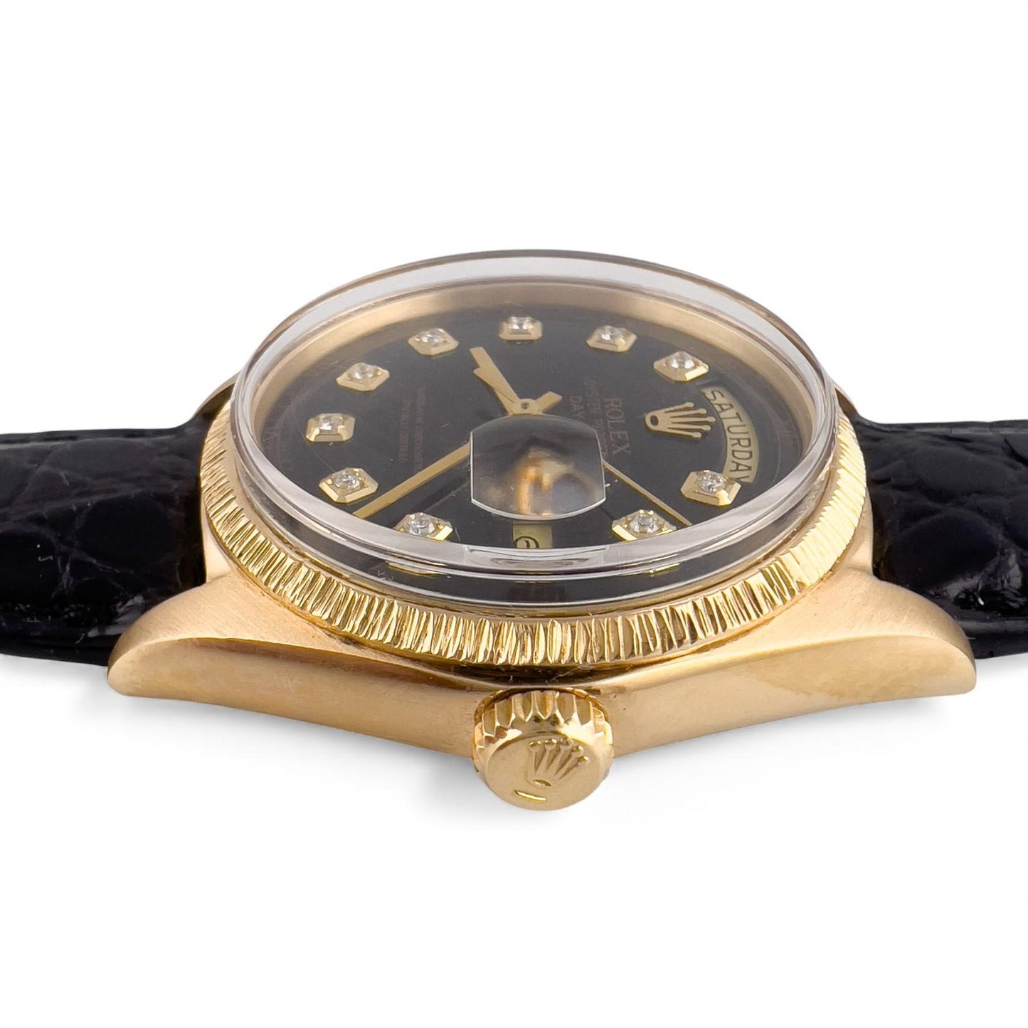 1971 Rolex Day-Date 1807 BARK Black Diamond Dial 36mm 18k Yellow Gold Watch