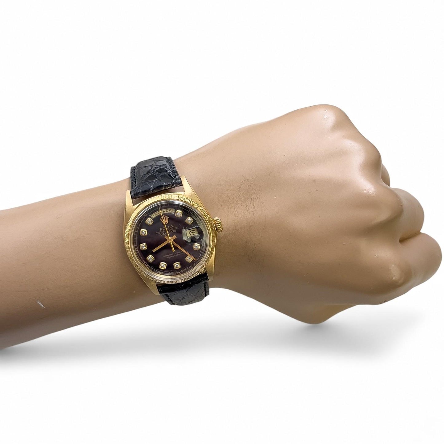 1971 Rolex Day-Date 1807 BARK Black Diamond Dial 36mm 18k Yellow Gold Watch