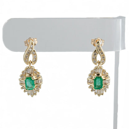 14k White Gold 0.80ctw Emerald & Baguette Diamond 0.67ctw H SI1 Dangle Earrings