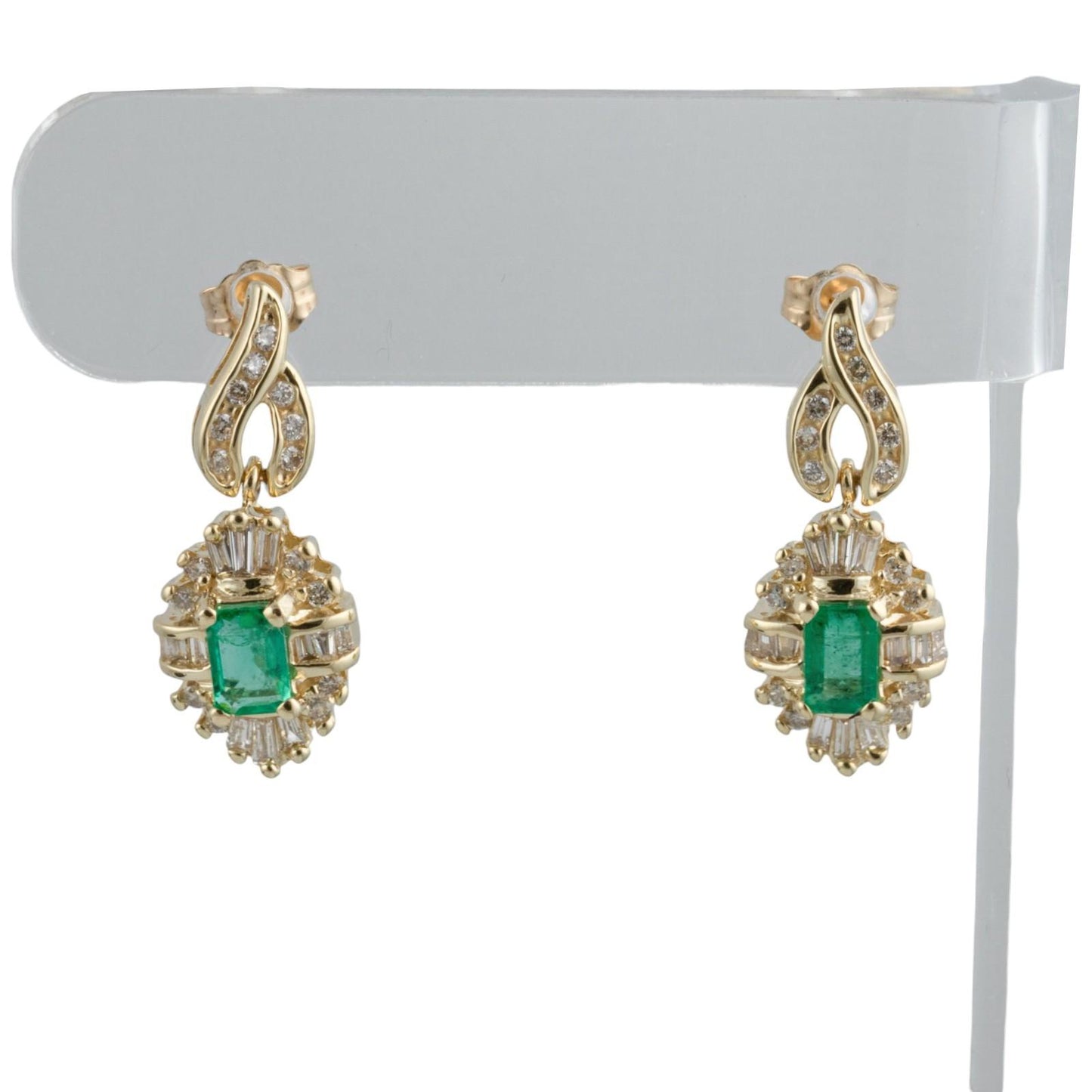 14k White Gold 0.80ctw Emerald & Baguette Diamond 0.67ctw H SI1 Dangle Earrings