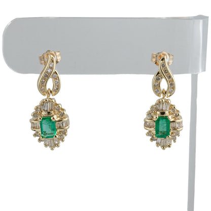 14k White Gold 0.80ctw Emerald & Baguette Diamond 0.67ctw H SI1 Dangle Earrings