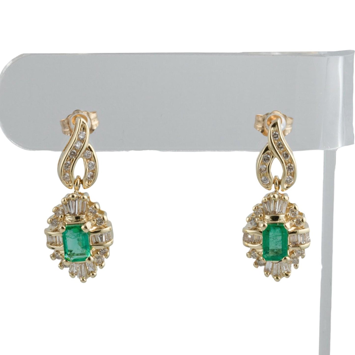 14k White Gold 0.80ctw Emerald & Baguette Diamond 0.67ctw H SI1 Dangle Earrings