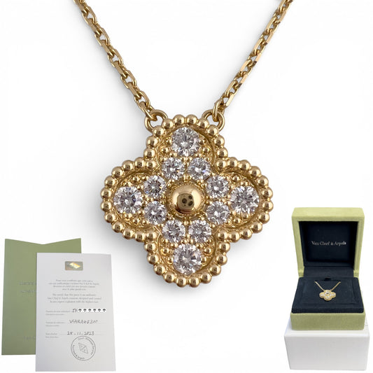 Van Cleef Arpels Vintage Alhambra 18k Yellow Gold Diamond Necklace 16.5 BOX CARD