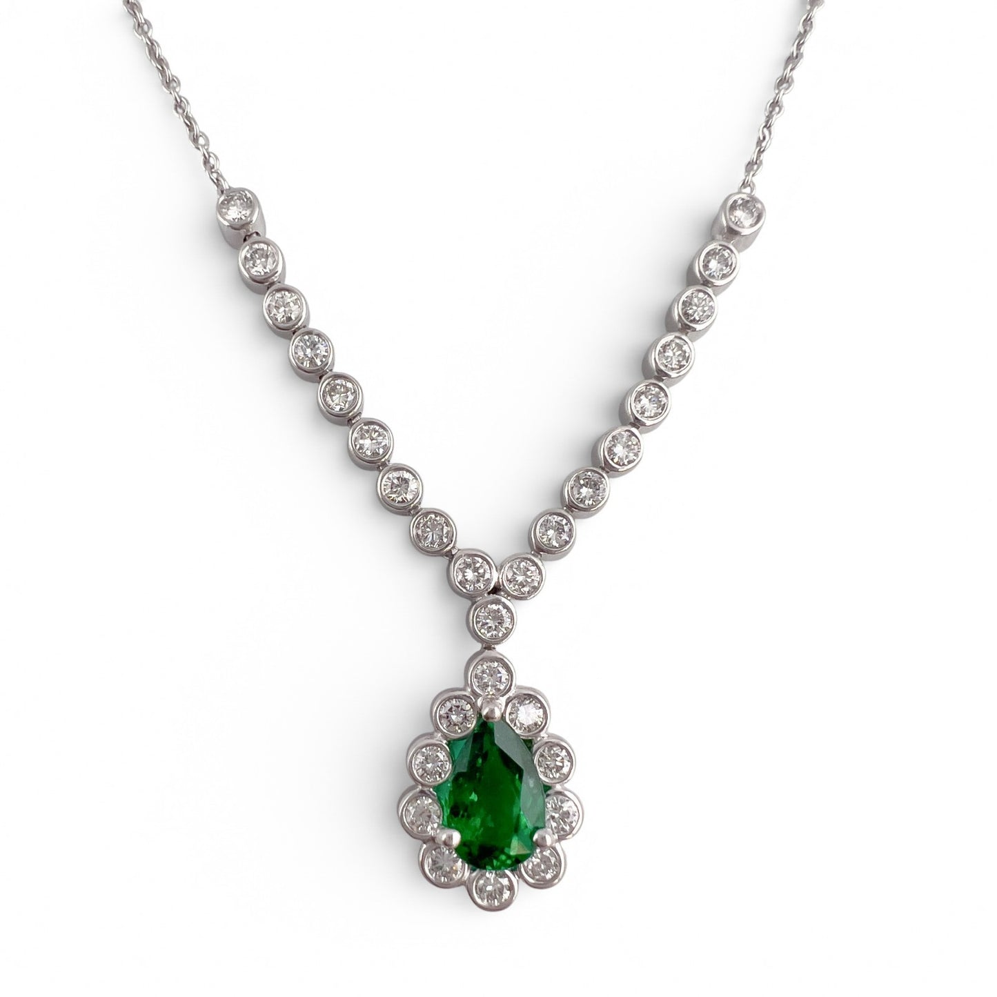 18k White Gold 1.00ct Pear Emerald Diamond Teardrop Necklace 0.50ctw 18" 6.9g