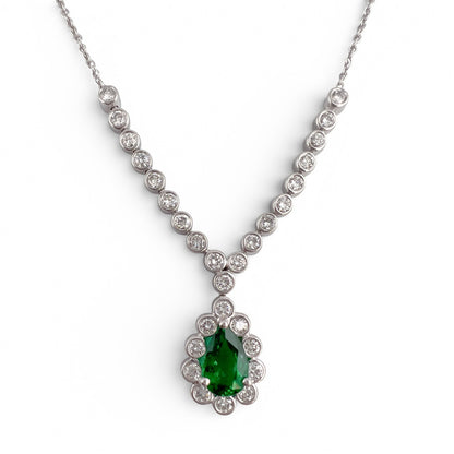 18k White Gold 1.00ct Pear Emerald Diamond Teardrop Necklace 0.50ctw 18" 6.9g