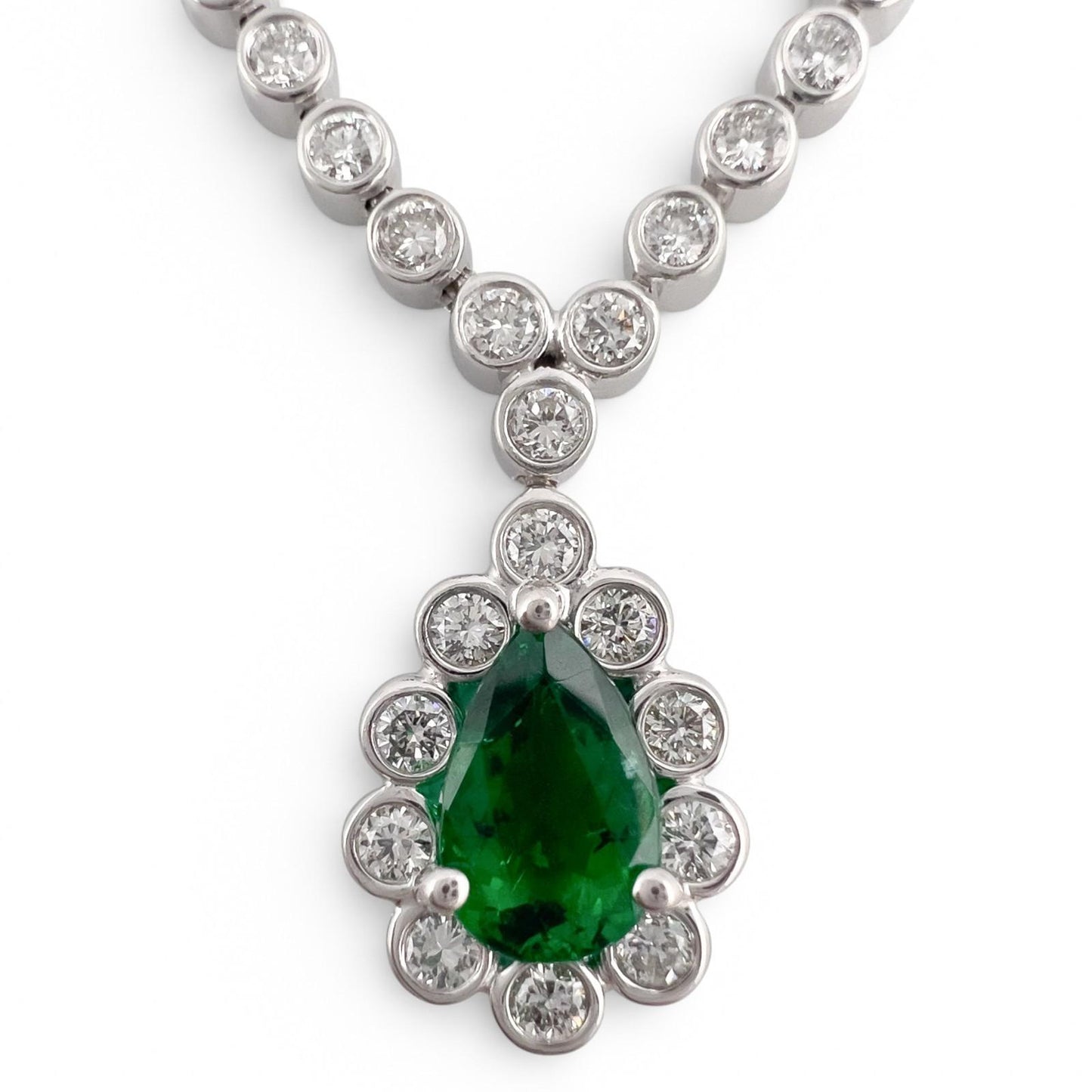 18k White Gold 1.00ct Pear Emerald Diamond Teardrop Necklace 0.50ctw 18" 6.9g