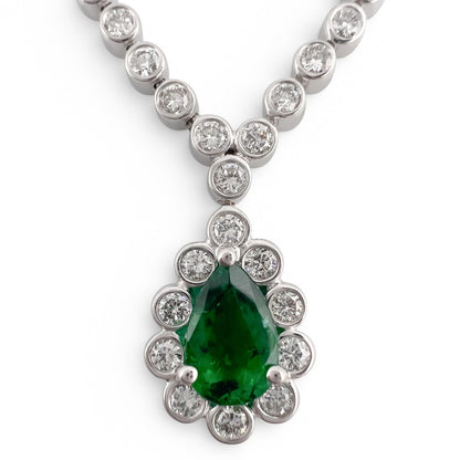 18k White Gold 1.00ct Pear Emerald Diamond Teardrop Necklace 0.50ctw 18" 6.9g