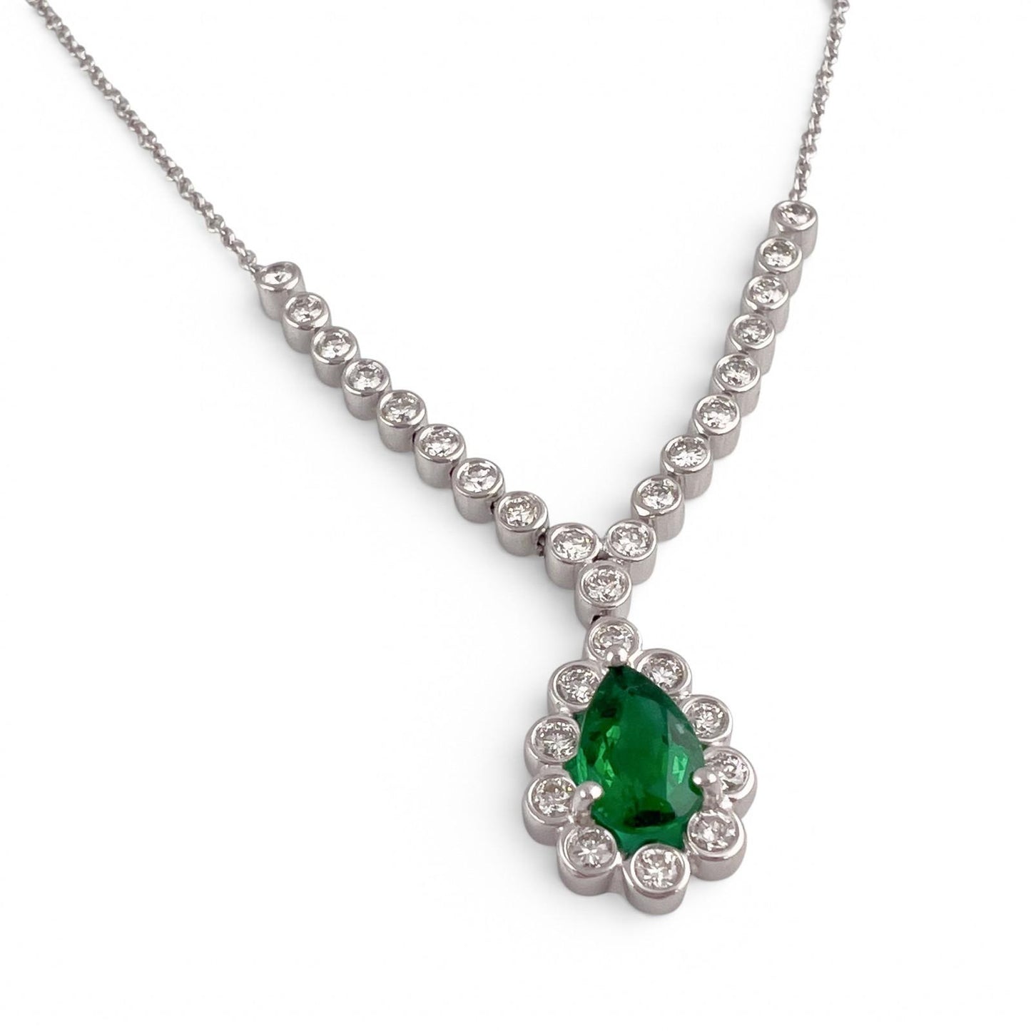 18k White Gold 1.00ct Pear Emerald Diamond Teardrop Necklace 0.50ctw 18" 6.9g