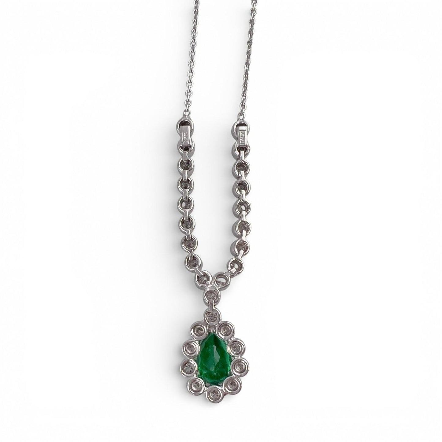 18k White Gold 1.00ct Pear Emerald Diamond Teardrop Necklace 0.50ctw 18" 6.9g