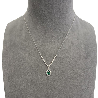 18k White Gold 1.00ct Pear Emerald Diamond Teardrop Necklace 0.50ctw 18" 6.9g