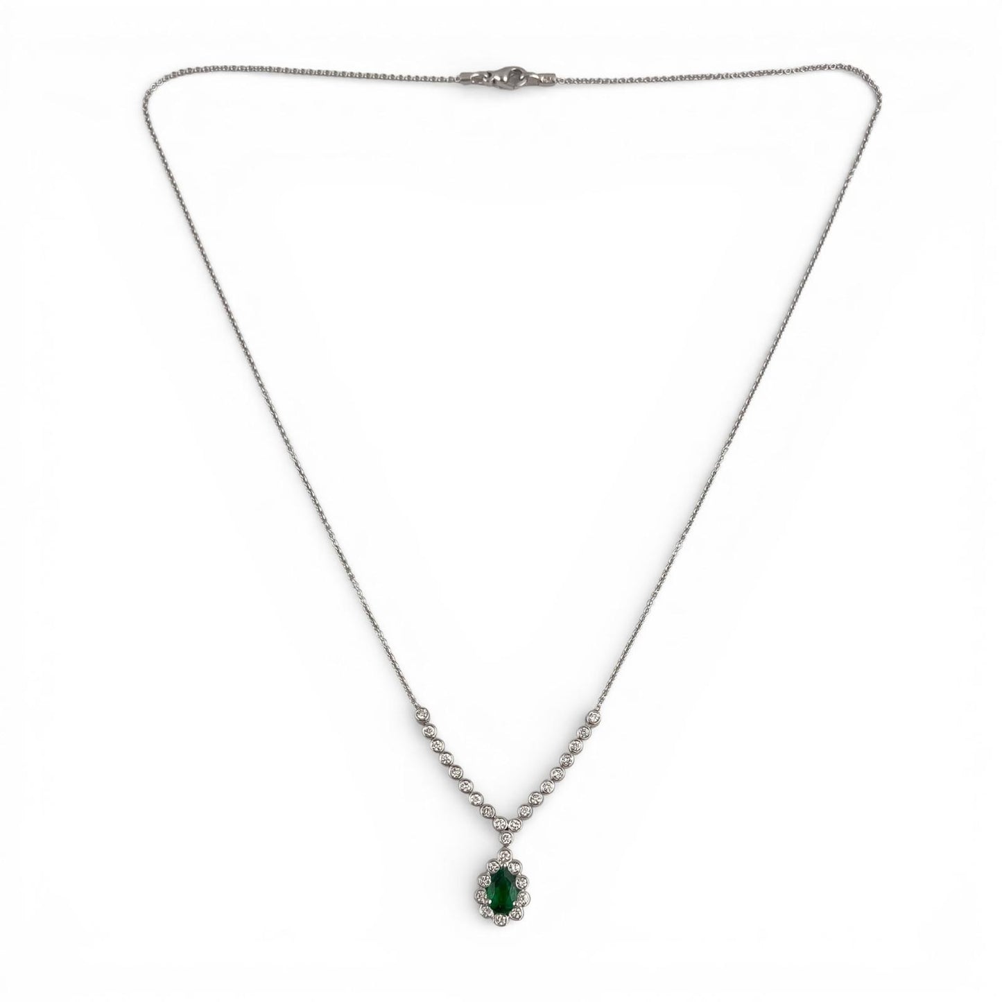 18k White Gold 1.00ct Pear Emerald Diamond Teardrop Necklace 0.50ctw 18" 6.9g