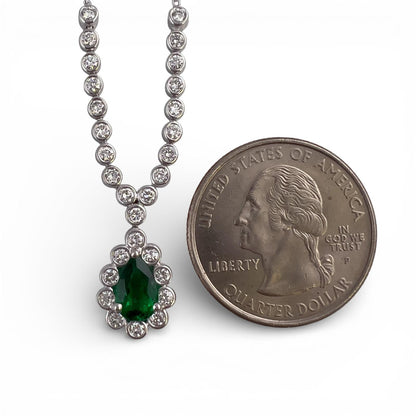 18k White Gold 1.00ct Pear Emerald Diamond Teardrop Necklace 0.50ctw 18" 6.9g