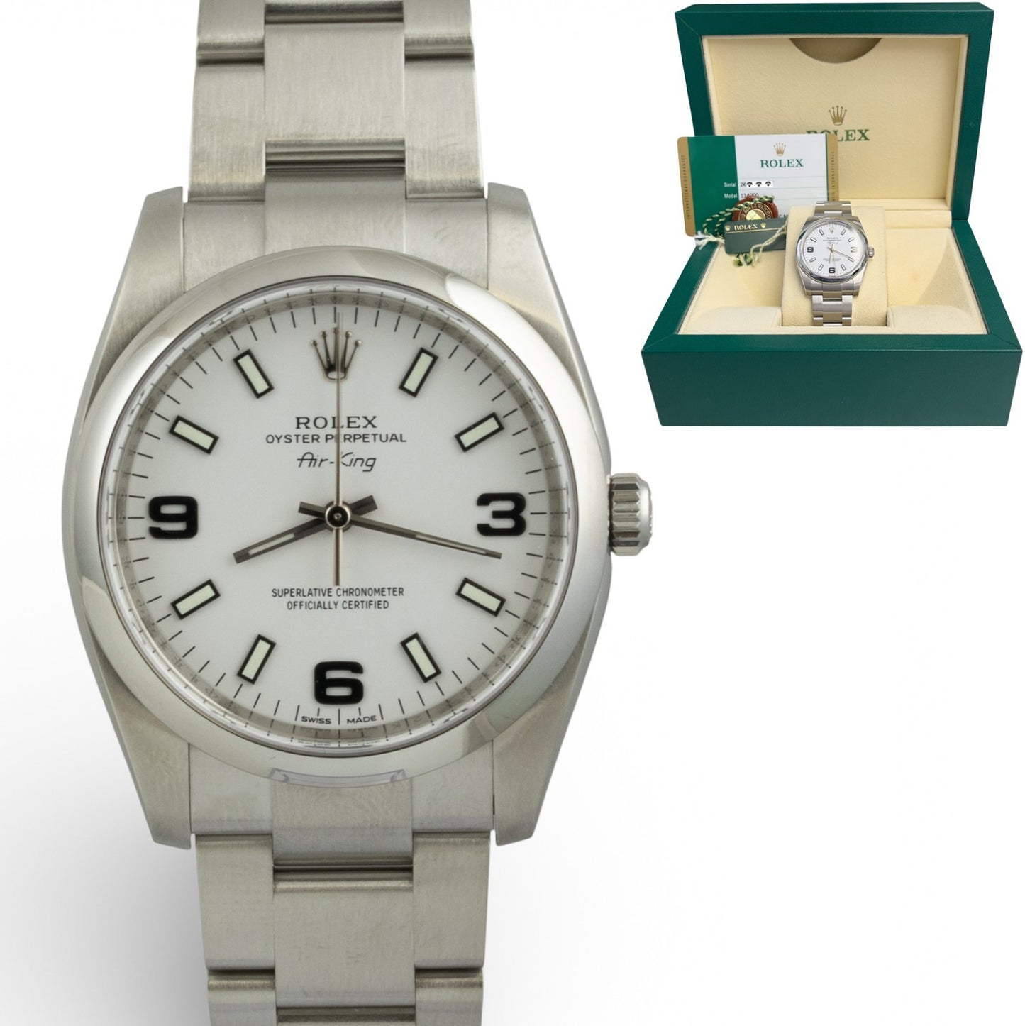 2015 Rolex Air King 114200 White 3-6-9 Arabic Dial 34mm Steel Watch BOX + PAPERS