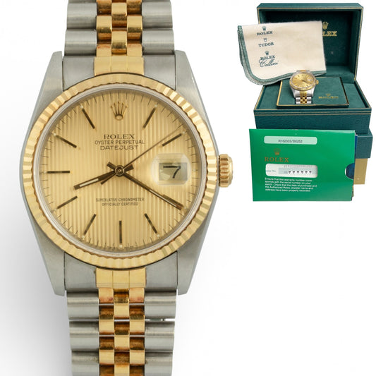 1989 Rolex DateJust 16233 CHAMPAGNE TAPESTRY 18k Gold & Steel 36mm BOX + PAPERS