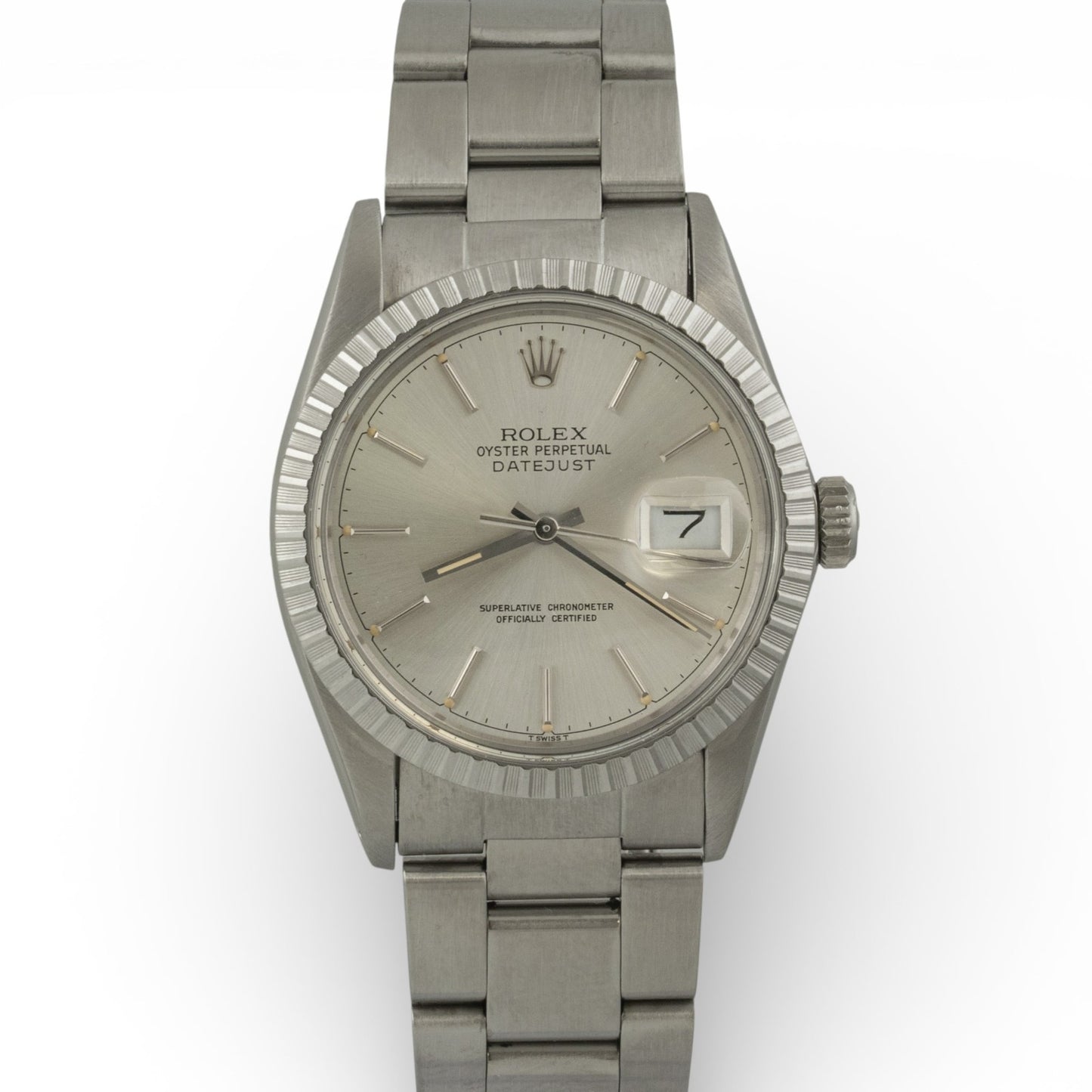 1985 Rolex DateJust 36mm SILVER Stainless Steel Engine Turned Bezel 16030 Watch