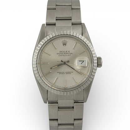 1985 Rolex DateJust 36mm SILVER Stainless Steel Engine Turned Bezel 16030 Watch