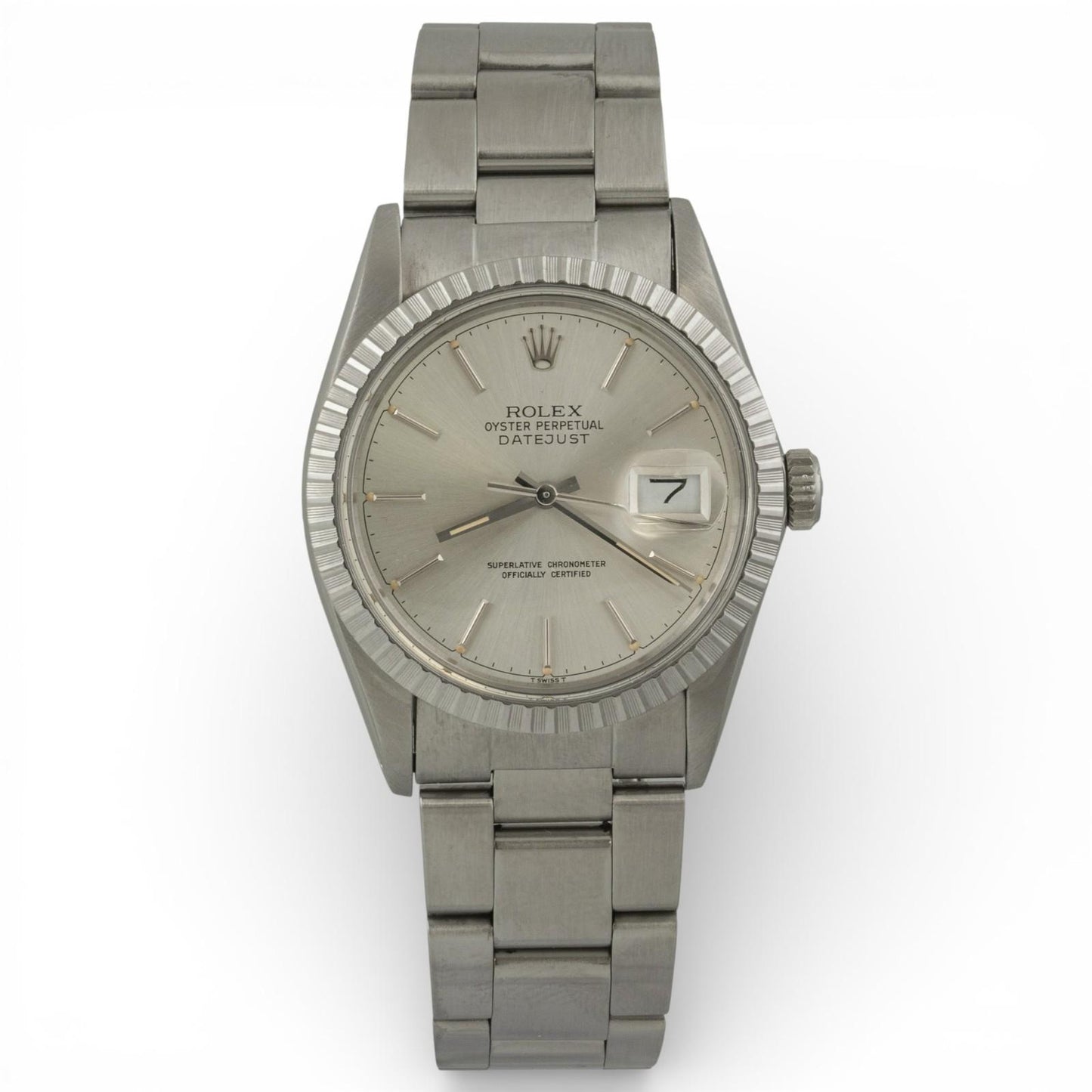 1985 Rolex DateJust 36mm SILVER Stainless Steel Engine Turned Bezel 16030 Watch