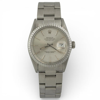 1985 Rolex DateJust 36mm SILVER Stainless Steel Engine Turned Bezel 16030 Watch