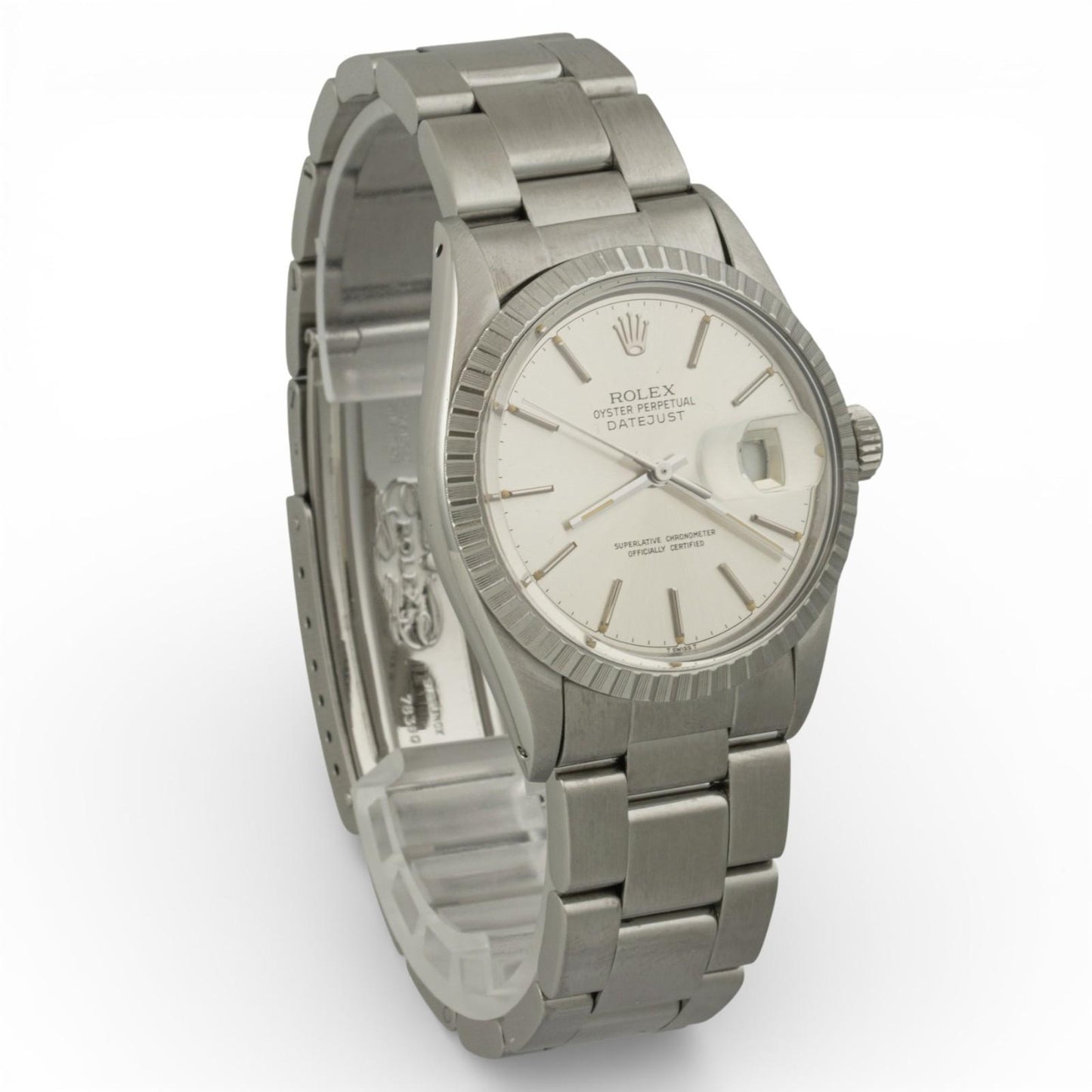 1985 Rolex DateJust 36mm SILVER Stainless Steel Engine Turned Bezel 16030 Watch