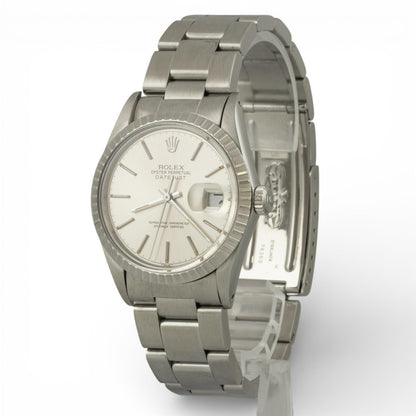 1985 Rolex DateJust 36mm SILVER Stainless Steel Engine Turned Bezel 16030 Watch