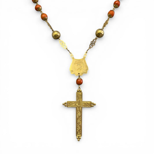 Vintage 16k Yellow Gold Coral Faceted Briolette Rosary Cross Necklace 51g 34"