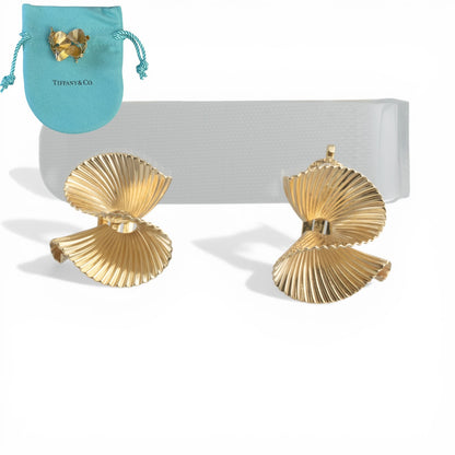 Tiffany & Co Fanned Swirl Ribbon George Shuler 14k Yellow Gold Earrings w/ POUCH