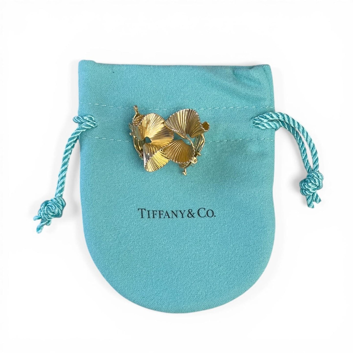 Tiffany & Co Fanned Swirl Ribbon George Shuler 14k Yellow Gold Earrings w/ POUCH
