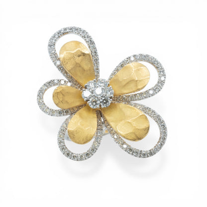 14k White & Hammered Yellow Gold Diamond Flower Ring 1.73ctw G VS2-SI1 Size 6.25