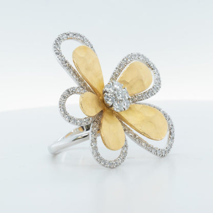 14k White & Hammered Yellow Gold Diamond Flower Ring 1.73ctw G VS2-SI1 Size 6.25