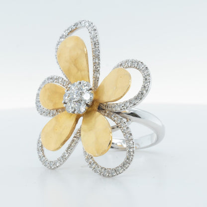 14k White & Hammered Yellow Gold Diamond Flower Ring 1.73ctw G VS2-SI1 Size 6.25