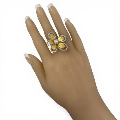 14k White & Hammered Yellow Gold Diamond Flower Ring 1.73ctw G VS2-SI1 Size 6.25