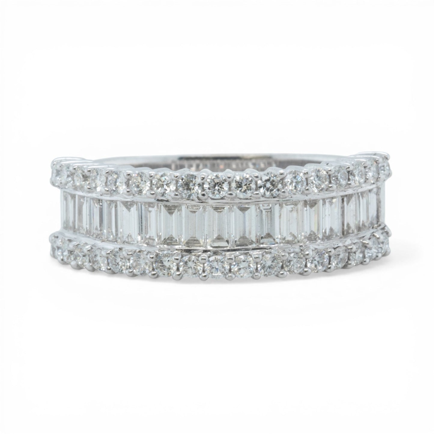 18k White Gold Baguette & Round Diamond 3 Row Band 1.51ctw G-H VS2-SI1 Size 9.25