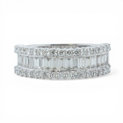 18k White Gold Baguette & Round Diamond 3 Row Band 1.51ctw G-H VS2-SI1 Size 9.25