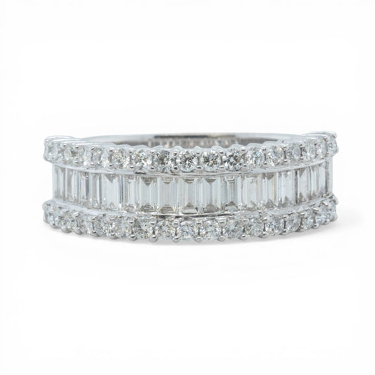 18k White Gold Baguette & Round Diamond 3 Row Band 1.51ctw G-H VS2-SI1 Size 9.25