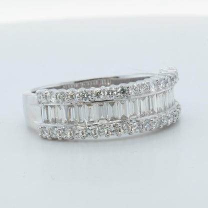 18k White Gold Baguette & Round Diamond 3 Row Band 1.51ctw G-H VS2-SI1 Size 9.25