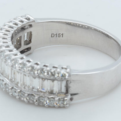 18k White Gold Baguette & Round Diamond 3 Row Band 1.51ctw G-H VS2-SI1 Size 9.25