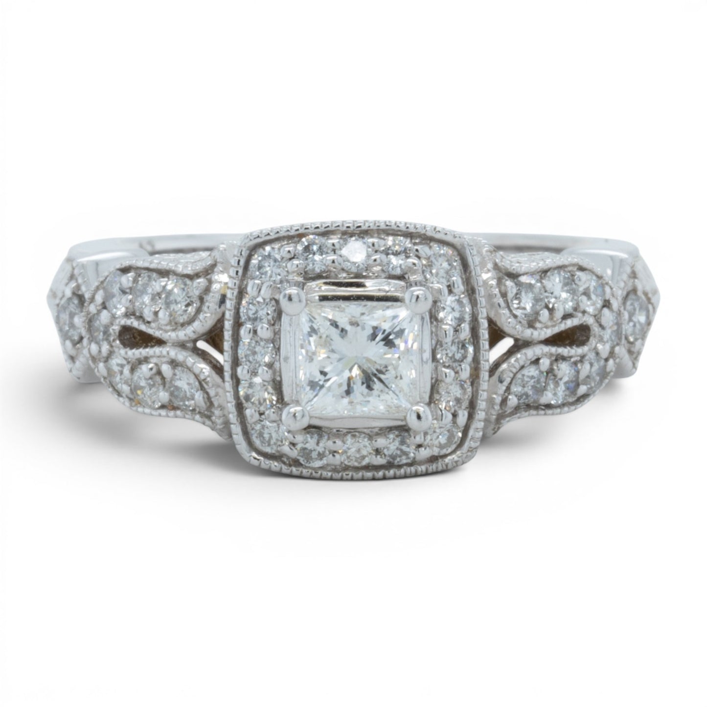14k White Gold Princess Cut Diamond Halo Engagement Ring 0.60ctw H SI2 Size 7.25