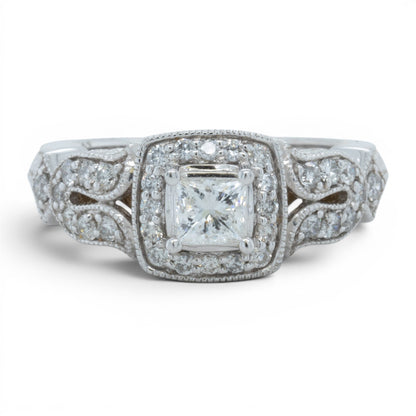 14k White Gold Princess Cut Diamond Halo Engagement Ring 0.60ctw H SI2 Size 7.25