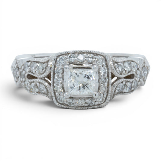 14k White Gold Princess Cut Diamond Halo Engagement Ring 0.60ctw H SI2 Size 7.25