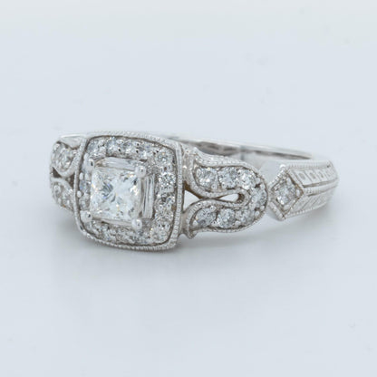 14k White Gold Princess Cut Diamond Halo Engagement Ring 0.60ctw H SI2 Size 7.25