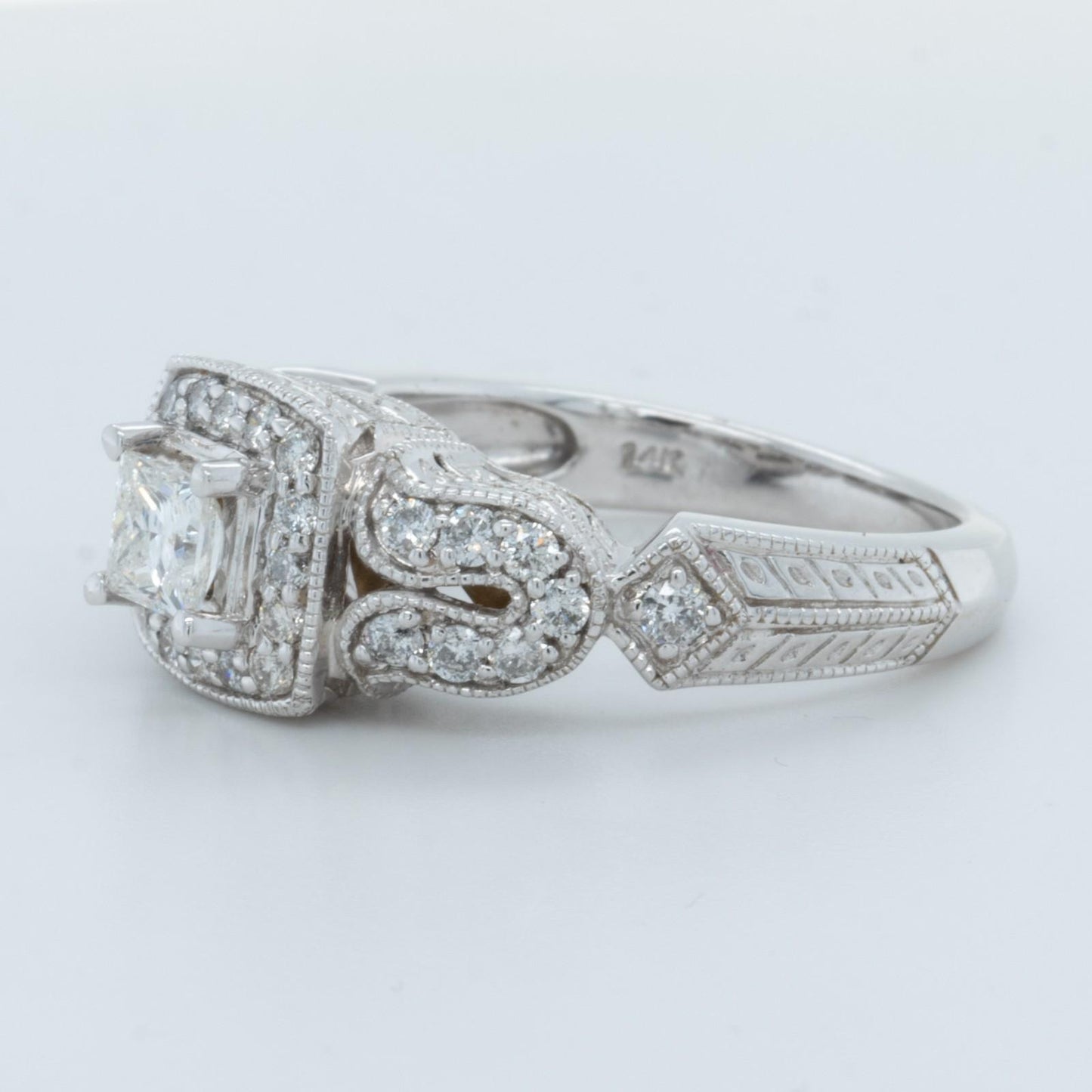 14k White Gold Princess Cut Diamond Halo Engagement Ring 0.60ctw H SI2 Size 7.25