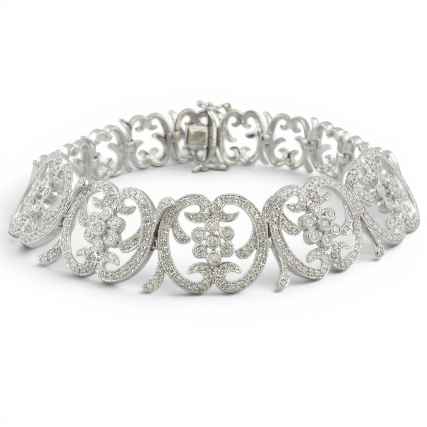 Vintage 14k White Gold Diamond Floral Station Bracelet 2.00ctw H SI2 7" 21.0g