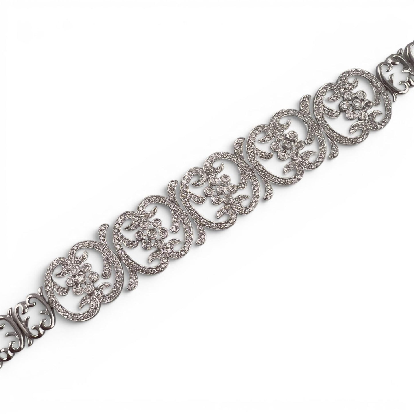 Vintage 14k White Gold Diamond Floral Station Bracelet 2.00ctw H SI2 7" 21.0g