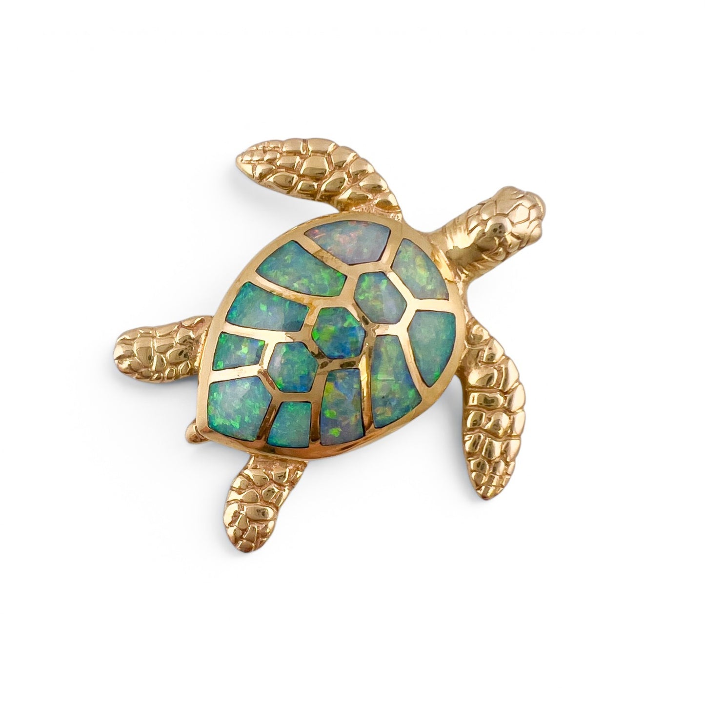 Kabana Sea Turtle 14k Yellow Gold Blue Green Opal Inlay Pendant 8.3g 1.25"