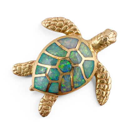 Kabana Sea Turtle 14k Yellow Gold Blue Green Opal Inlay Pendant 8.3g 1.25"